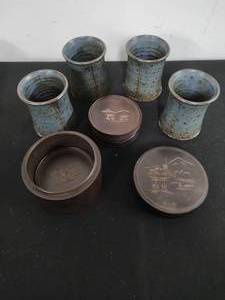 lot 41 image: Four Handmade Stoneware Cups and Japanese Coaster Set