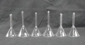 lot 207 image: Set of 6 Vintage Mercer Glass Works Merco 4 Inch Long 65MM Glass Chemical Funnels