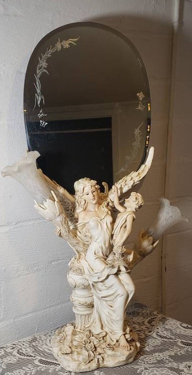 lot 60 image: Large Louis XVI Style Vanity Mirror with Lily Lights & Cherubs