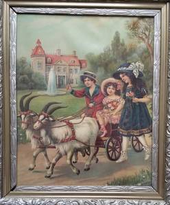 lot 81 image: Victorian Framed Print of Children in a Goat Cart