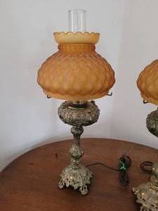 lot 54 image: Vintage Brass Amber Glass Lamps Pair