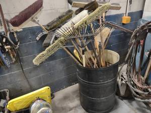 Assorted Brooms & Tools with Can...