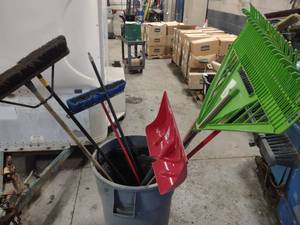 Assorted Brooms & Tools with Can...