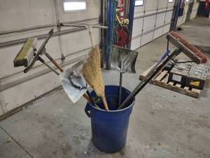 Assorted Brooms & Tools with Can...