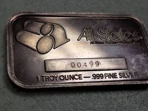 lot 26 image: 1 TROY OZ .999 FINE SILVER BAR ALL STATES LOW SERIAL #