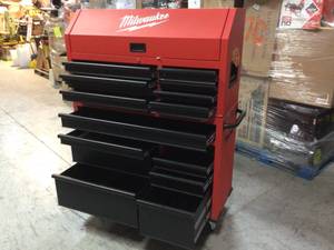 Milwaukee 46 in. 16-Drawer Steel Tool Chest and Rolling Cabinet Set, Textured Red and Black Matte Slight damage see pictures