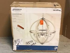 Progress Lighting Keowee 9-Light Galvanized Orb Chandelier with Antique White Wood Accents Customer Returns See Pictures