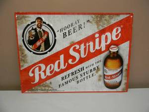 VINTAGE HARD TO FIND RED STRIPE BEER TIN HOORAY BEER - NICE - VERY COOL PIECE - APPROX 22 By 16 - SEE PICTURES