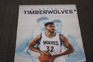 lot 97 image: Minnesota Timberwolves Team Produced Karl Anthony Towns Double Sided Banner