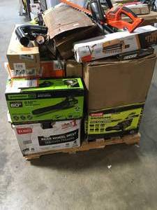 lot 27 image: Pallet with Assorted Outdoor Tools, shop equipments include Toro Mower and Mantis Tiller original customer returns