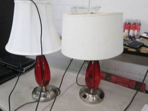 lot 18 image: 2 red glass lamps with 2 built in p...