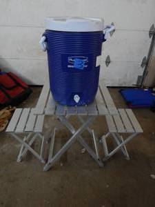 lot 3 image: Aluminum Camp Table With Chairs & Water Container