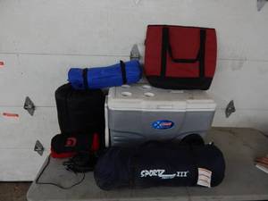 lot 8 image: Sleeping Bag, Blanket, Coleman Cooler, Bag, Air Mattress, Pump With Sports 3 Truck Bed Tent