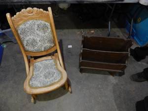 lot 35 image: Vintage Rocking Chair With Newspaper Stand Chair Made By Albert M. Lock & Son Inc.