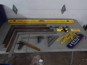 lot 45 image: Stanley Level, Speed Squares, Multiple Squares & Other Assorted Tools