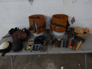 lot 58 image: 2-Buckets With Organizers, 2-Tool Pouches, Knee Pads & Other Construction Related Hand Tools