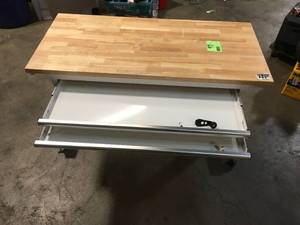 Husky  52 in. Adjustable Height Work Table with 2-Drawers in White missing lever customer return see pictures