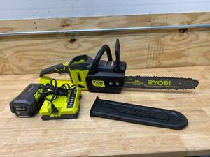 lot 14 image: RYOBI 40V Brushless 16 in. Cordless Battery Chainsaw with 4.0 Ah Battery and Charger