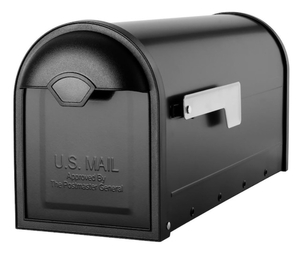 lot 102 image: ARCHITECTURAL MAILBOXES Winston Black with Nickel Flag Post Mount Mailbox