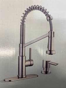 lot 107 image: GLACIER BAY Gage Single-Handle Spring Neck Pull-Down Kitchen Faucet with TurboSpray, FastMount, Soap Dispenser in Stainless Steel