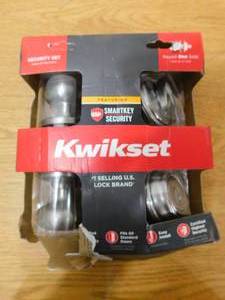 lot 46 image: Kwikset Juno Satin Nickel Exterior Entry Door Knob and Single Cylinder Deadbolt Combo Pack Featuring SmartKey Security