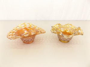 lot 49 image: 2 Gold Carnival Glass Ruffled Basket Bowls