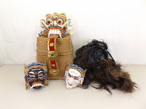 lot 59 image: Full Sized Wood Carved Indonesian Mask and Headdress w2 Small Masks and Basket