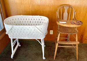 Vintage Bassinet and Wooden High Chair