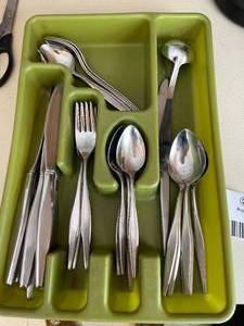Lot of Stainless Steel Flatware with Vintage Green Divider