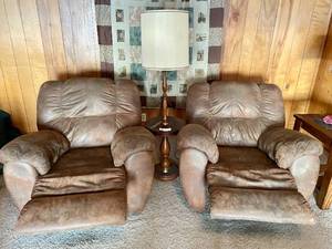 Set of 2 Microfiber Brown Rocker Swivel Recliner Chairs with Floor Lamp