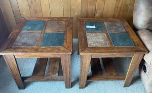 Two Square Slate and Wood End Tables