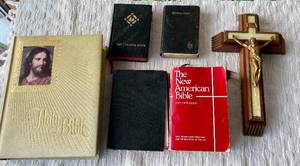 Lot of Various Vintage Bibles and Cross with Hidden Storage