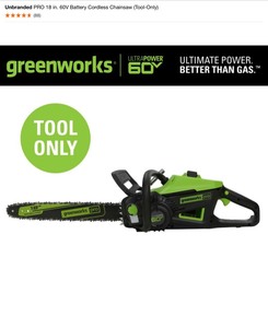 GreenWorks PRO 18 in. 60V Battery Cordless Chainsaw (Tool-Only). See Pictures