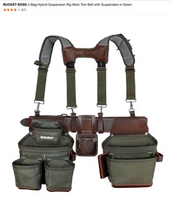 Husky 2-Bag 10-Pocket Black Contractors Work Tool Belt & BUCKET BOSS 2-Bag Hybrid Suspension Rig Work Tool Belt with Suspenders in Green. See Pictures