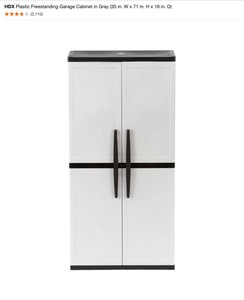 HDX Plastic Freestanding Garage Cabinet in Gray (35 in. W x 71 in. H x 18 in. D). See Pictures