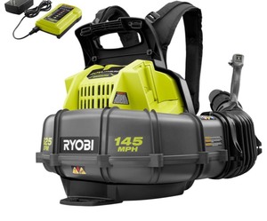 lot 8 image: RYOBI 40V Whisper Series 145 MPH 625 CFM Cordless Battery Backpack Leaf Blower & Charger. See Pictures