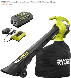 lot 31 image: RYOBI 40V Vac Attack Cordless Leaf VacuumMulcher with 5.0 Ah Battery and Charger. See Pictures