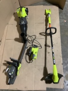 lot 42 image: RYOBI 40V 12 in. String Trimmer, 18 in. Gas Chainsaw, Gas Jet Fan Blower & Corded Sander. Various Conditions. See Pictures