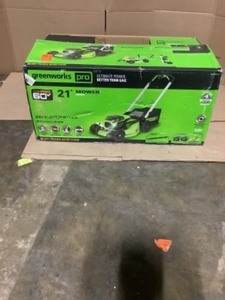 lot 56 image: Greenworks PRO 21 in. 60V Battery Cordless Self-Propelled Walk-Behind Lawn Mower with (2) 4.0 Ah Battery and Charger. See Pictures