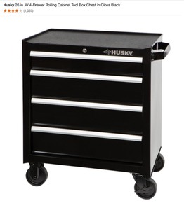 lot 58 image: Husky 26 in. W 4-Drawer Rolling Cabinet Tool Box Chest in Gloss Black. See Pictures