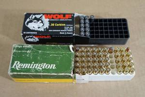 lot 75 image: 57 Rounds Mixed .30 Carbine Ammo - Likely Some Reloads