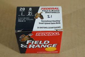 lot 109 image: 21 Federal Field & Range 20 Ga 2-34 8 Shot Shotshells