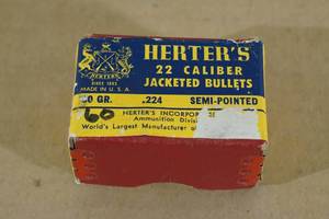 lot 158 image: 60 Herters 22 Cal .224 50 Gr Jacketed Semi-Pointed Bullets