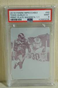 lot 40 image: 2018 Panini Impeccable Todd Gurley II #90 Magenta Print Plate 11 - PSA 9