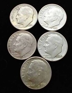 lot 23 image: 5 90% Silver Roosevelt Dimes