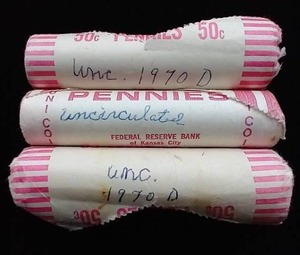 lot 39 image: 3 Uncirculated 1970s Penny Rolls