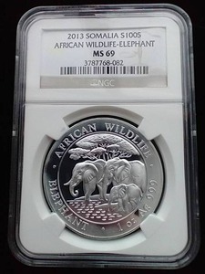 lot 45 image: 2013 Somalian African Wildlife 1 Oz. Coin - MS69