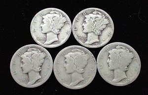 lot 55 image: 5 Pre-1940 Mercury Dimes