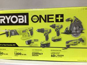 RYOBI 18V ONE Lithium-Ion Cordless 6-Tool Combo Kit with (2) Batteries, Charger, and Bag not used see pictures