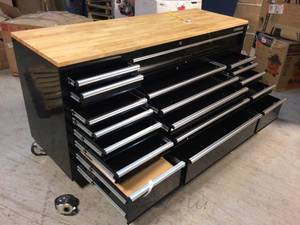 Husky 72 in. 18-Drawer Mobile Workbench with Solid Wood Top, Black review pictures open box